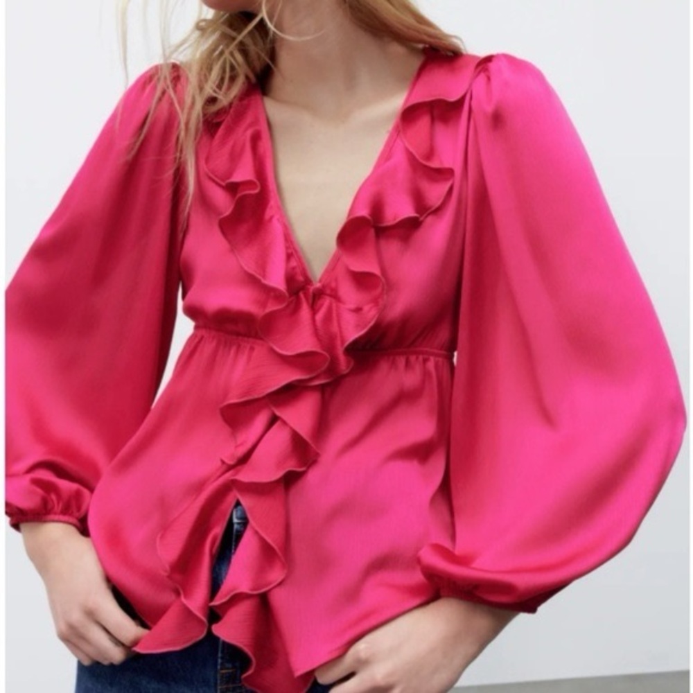 ZARA Bright Pink Fuchsia Satin Ruffle V-Neck Balloon Long-Sleeve Cinched Waist M